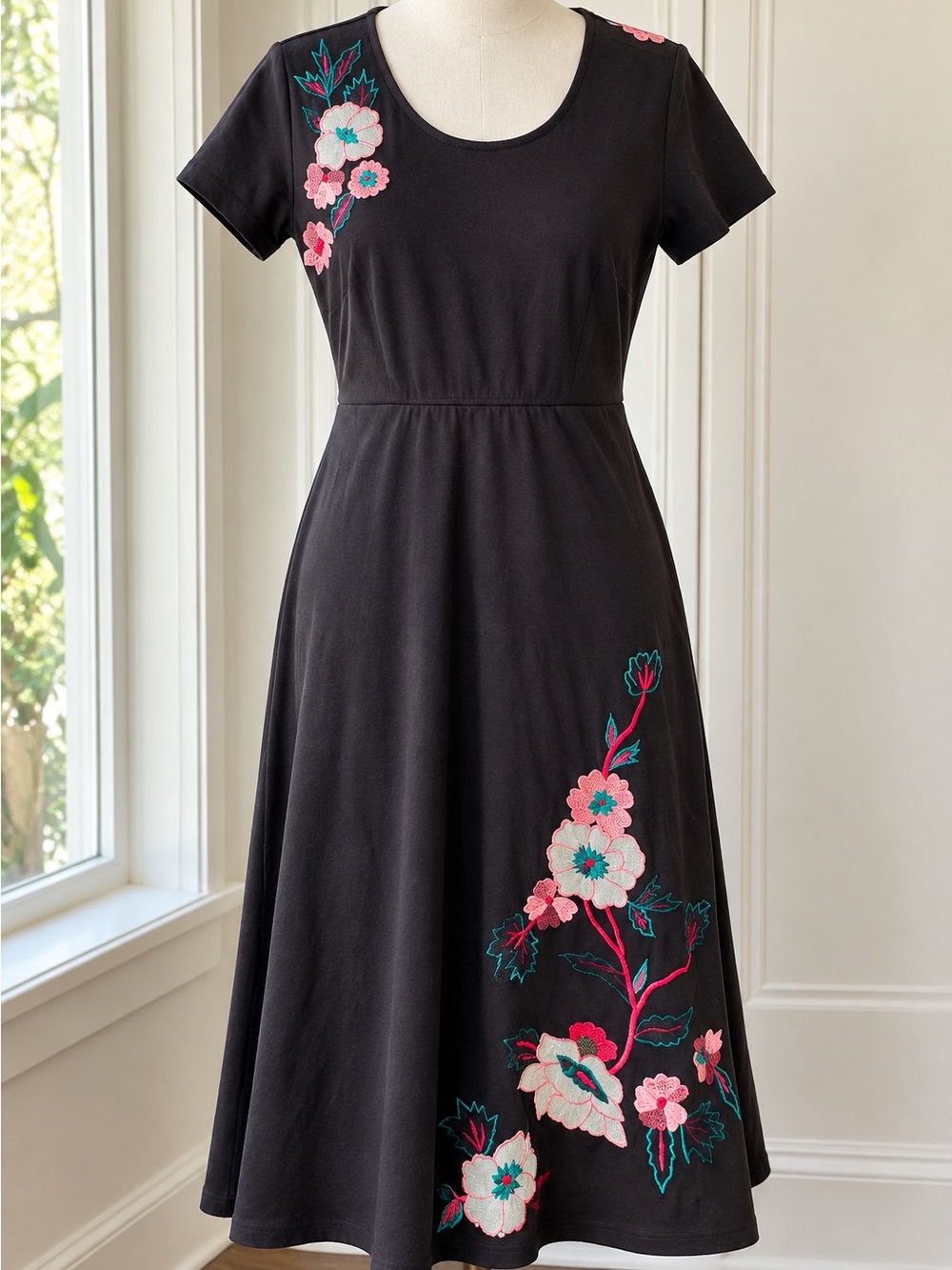 Embroidered Fit & Flare eShakti M 10 Black Floral Midi Dress Cottagecore